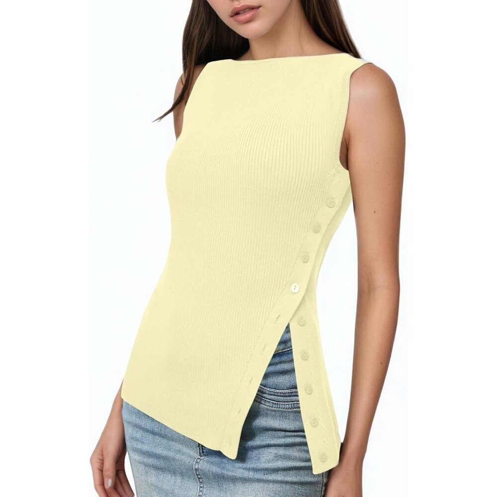 Women's Viscose Blend Sweater Vest Size M Boat Neck Side Split Trendy
